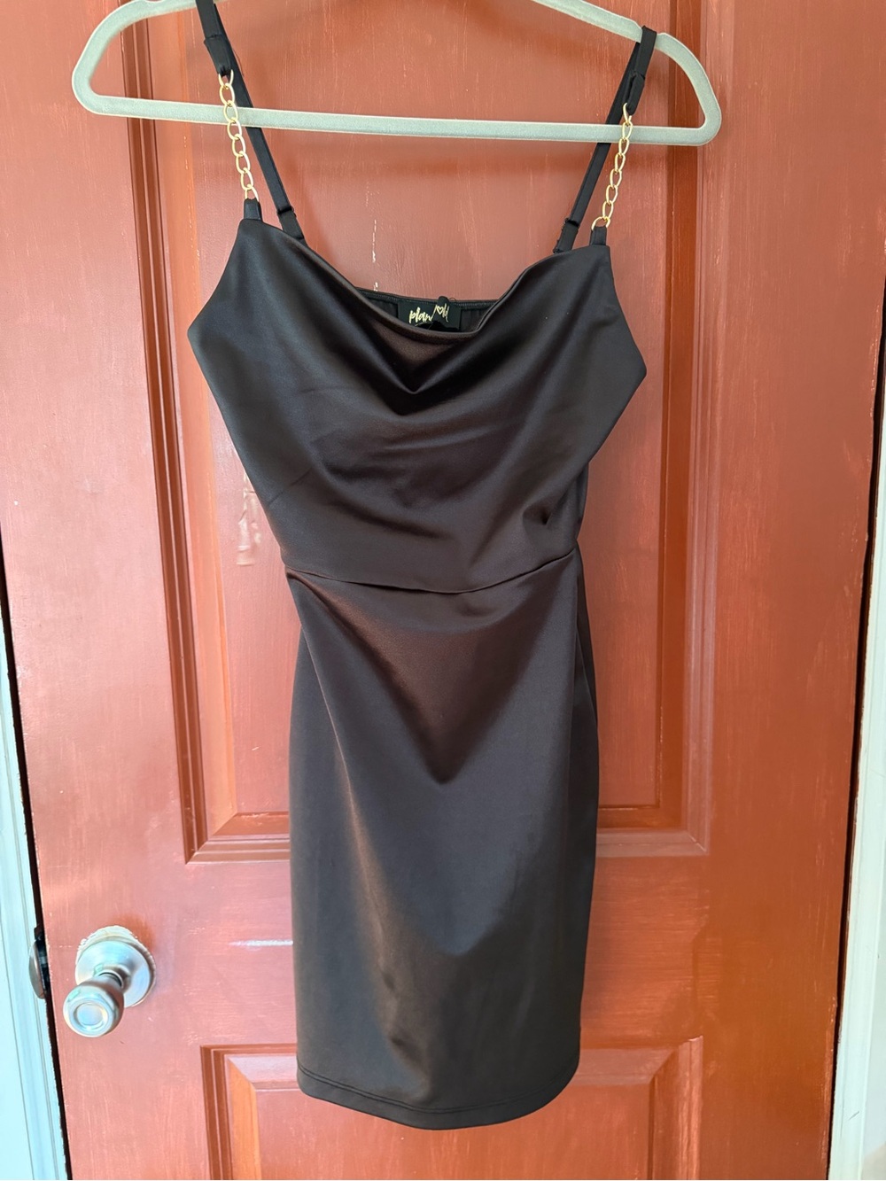 Planet Gold Black Satin Cowl Dress with Gold Chain Straps